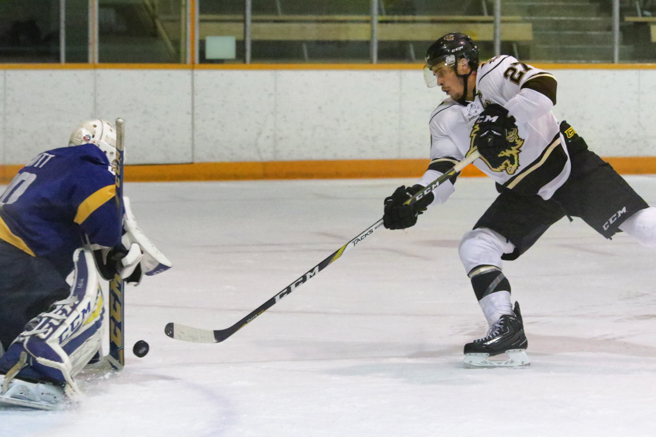 Bisons captain Jordan Depape has a shot on goal
