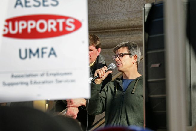 Photo of UMFA president Mark Hudson speaking at a rally.