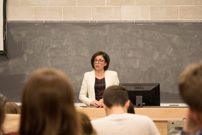 Photo of NDP MP Niki Ashton speaking about precarious work for millennials at the University of Winnipeg.