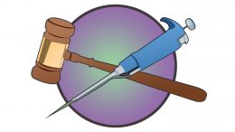Graphic showing a gavel and a pipette - a measuring tool commonly used in laboratory settings.