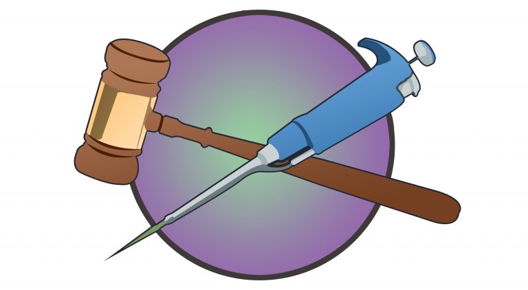 Graphic showing a gavel and a pipette - a measuring tool commonly used in laboratory settings.