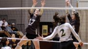 Bison women's volleyball player Sarah Klassen goes in for a block