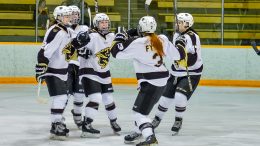 Bisons celebrate goal against Mount Royal