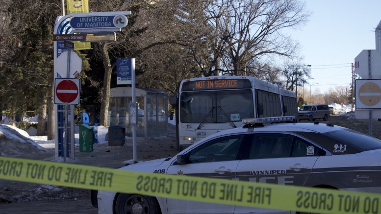 Photo of a Winnipeg Transit bus parked the morning after a fatal attack on a bus driver.