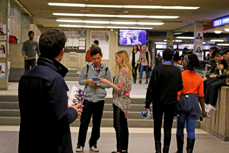 Photo by Megan Colwell Photo of UMSU executive candidates campaigning in University Centre.
