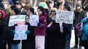 Photo of counter-protesters challenging anti-Motion 103 protesters in Winnipeg.