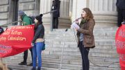 Photo of UMSAN member Elizabeth McMechan speaking at a tuition hike protest at the Manitoba Legislature.