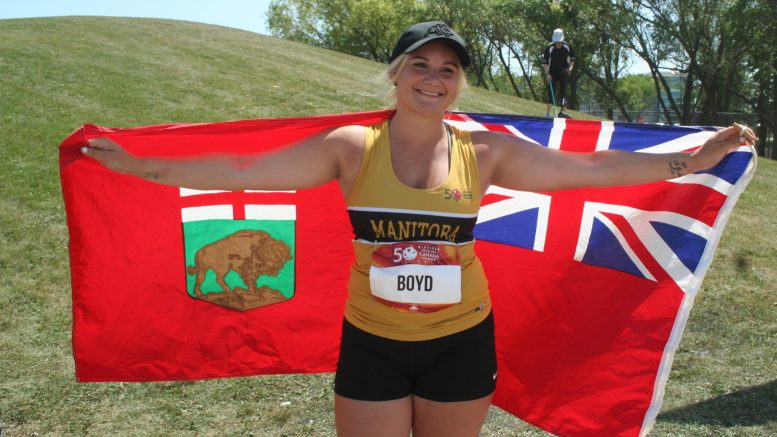 Bison athlete Brooke Lynn Boyd celebrates winning the bronze medal in javelin at the 2017 Canada Summer Games in Winnipeg.