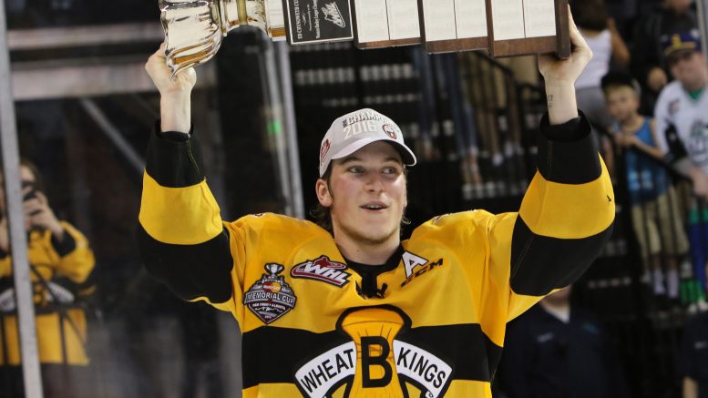 Nolan Patrick hoisting the Ed Chynoweth Cup after beating the Seattle Thunderbirds in five games to claim the 2016 WHL Championship.