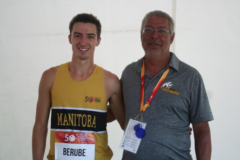 Bison track and field athlete Simon Berube (left) and his dad Claude Berube.