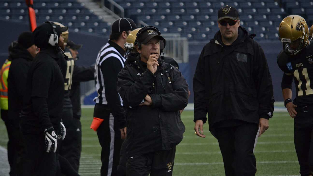 Bison head coach Brian Dobie on the sidelines during a game against the Calgary Dinos on Sept.16.