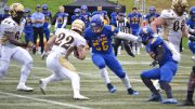 Bison running back Jamel Lyles runs the ball against the UBC Thunderbirds. Lyles had 11 yards rushing in the loss.