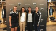 (From left) Bison women's soccer assistant captain Alanna Shaw, head coach Vanessa Martinez-Lagunas, captain Amanda Wong, and assistant captain Sara Schur at a press conference at Investors Group Field on Aug.29.