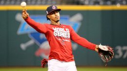 Cleveland shortstop Francisco Lindor fields grounders during a workout in last year's World Series at Progressive Field. Photo by Arturo Paradavila III