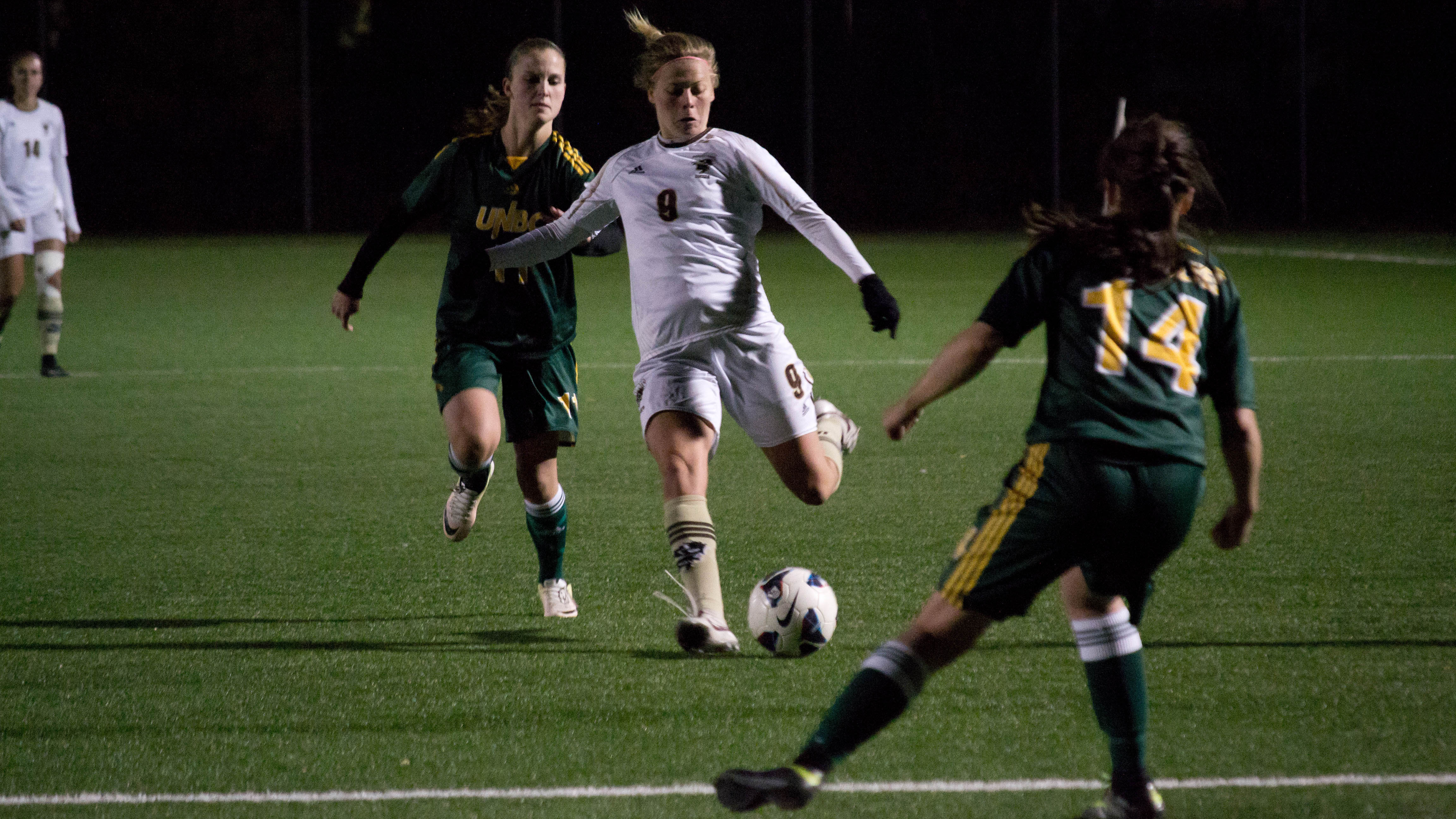 Sports_Bison Womens Soccer_Photo by Chantal_Zdan_RGB web Bison midfielder Florin Wagner attempts a shot against UNBC.