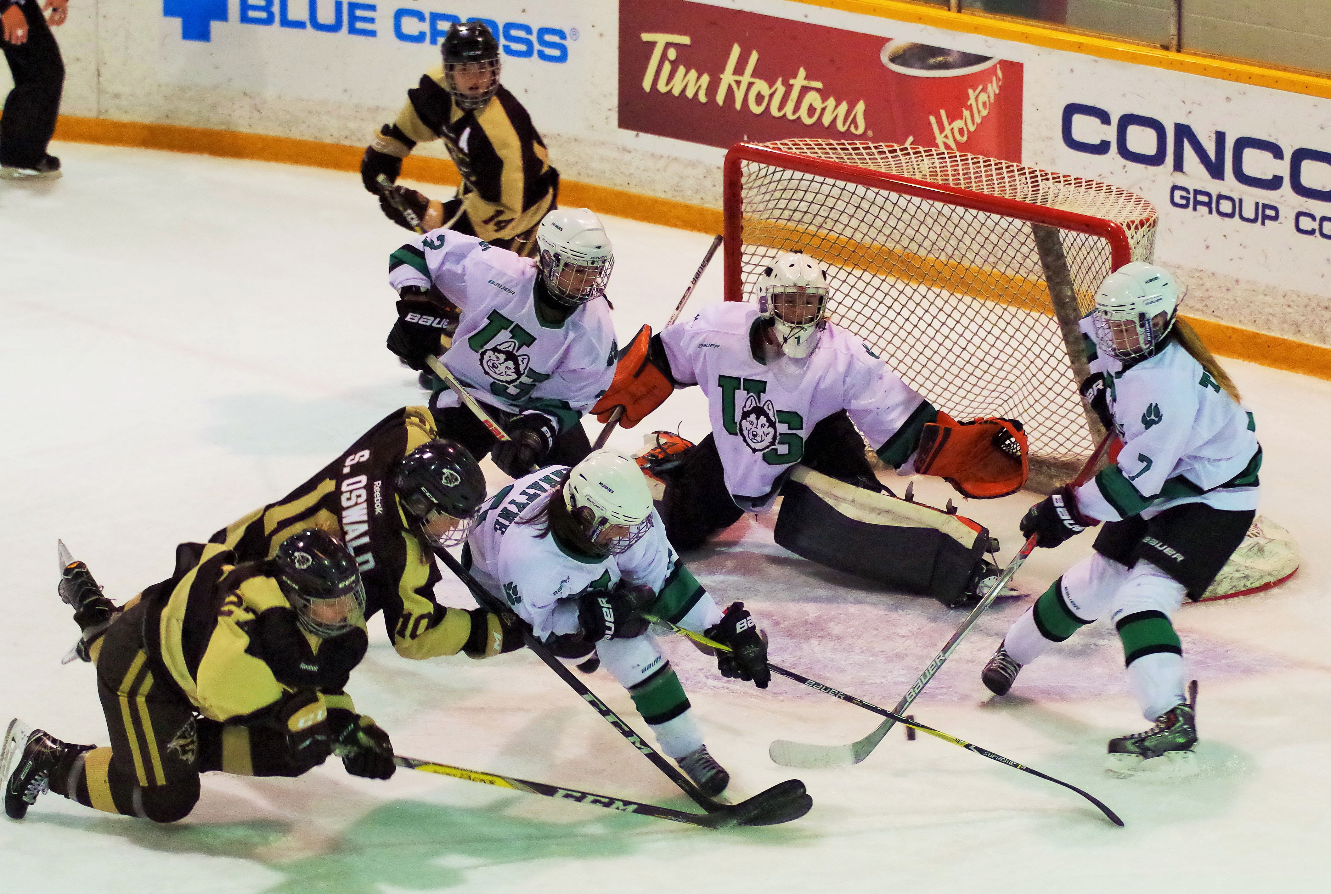 Bison forward Sheridan Oswald battles in front of the net against the Saskatchewan Huskies.