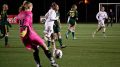 Bison fifth year forward Alyssa Daley creating pressure on a goal kick against UNBC.