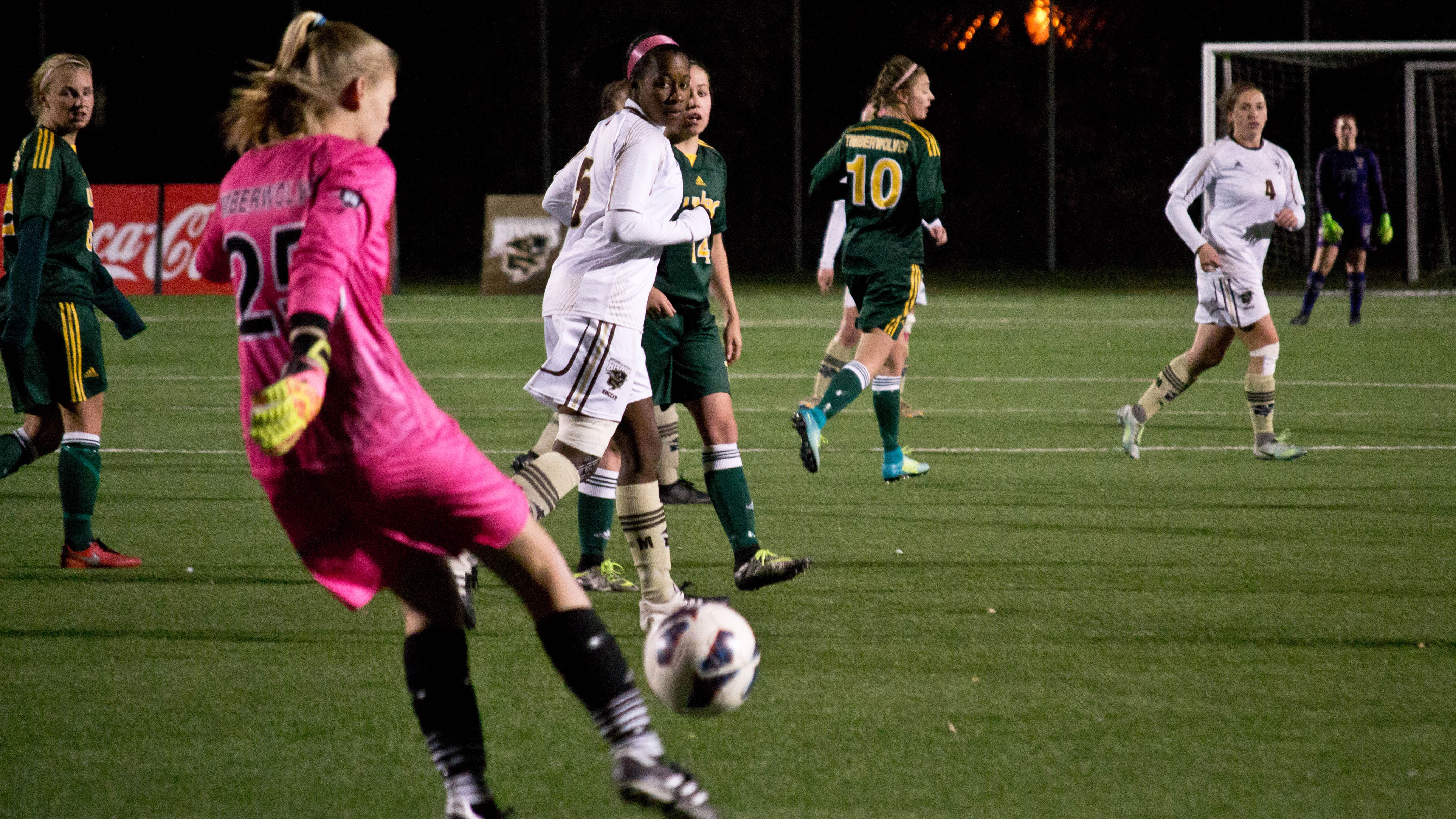 Bison fifth year forward Alyssa Daley creating pressure on a goal kick against UNBC.