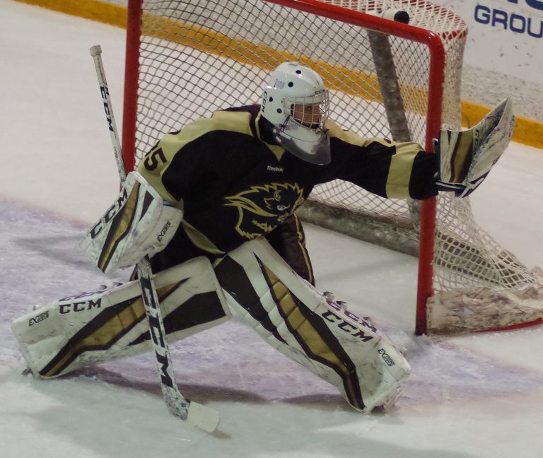 Bison rookie goalie Lauren Taraschuk makes a stop during a weekend series against the Saskatchewan Huskies on Oct. 20. Manitoba lost 1-0.