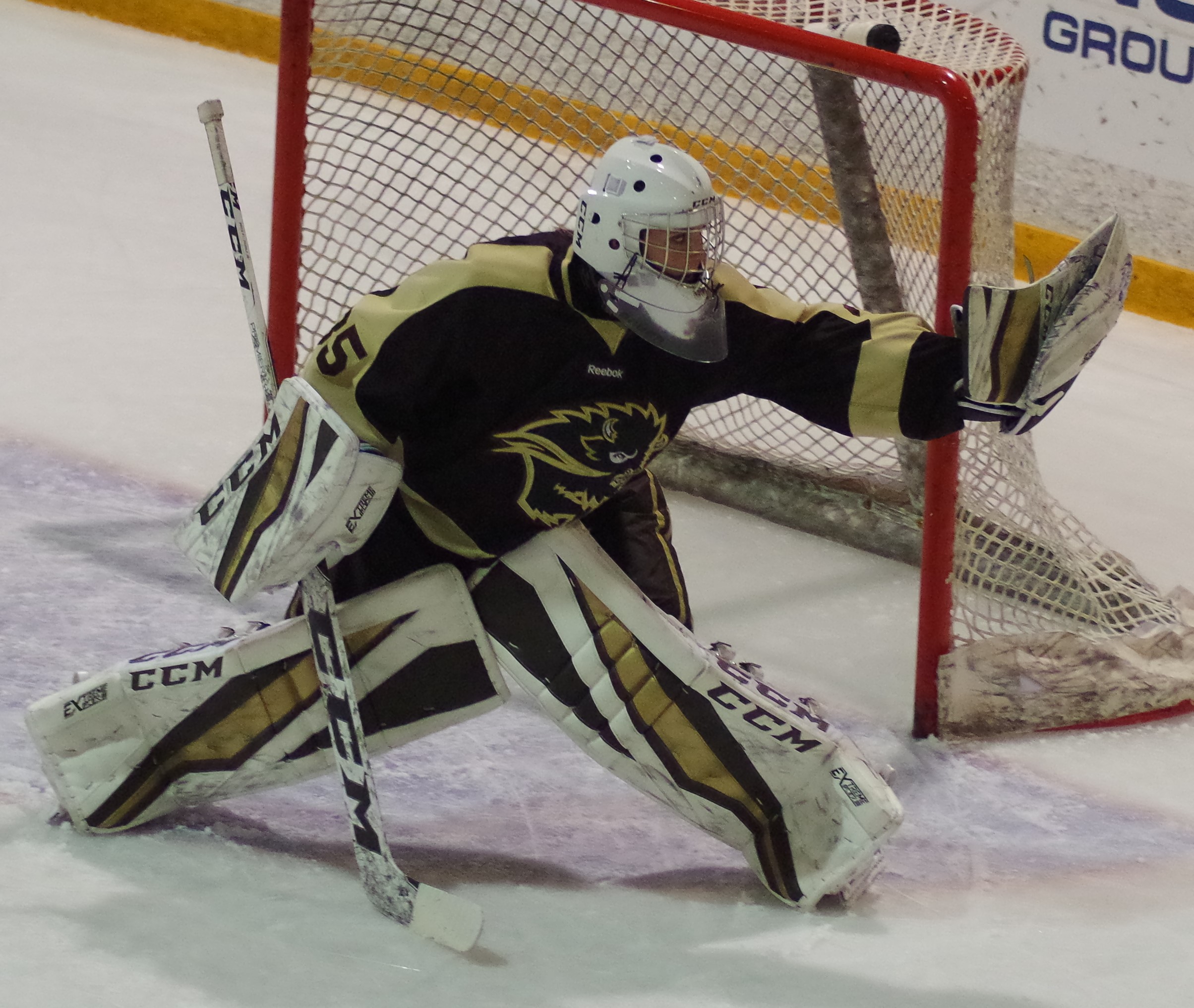 Bison rookie goalie Lauren Taraschuk makes a stop during a weekend series against the Saskatchewan Huskies on Oct. 20. Manitoba lost 1-0.
