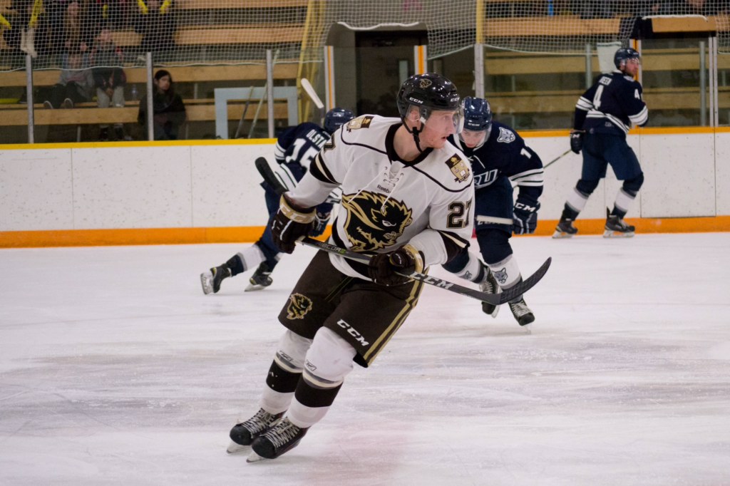 Bison forward Zach Franko in action against the Mount Royal Cougars this past weekend. Franko had two goals in the 3-2 win on Oct. 28.