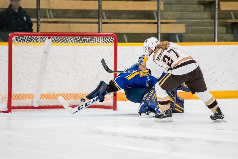 Bison forward Jordyn Zacharias scores the only goal of the evening in a shootout giving the Bisons a 1-0 win on Friday at the Wayne Fleming Arena.