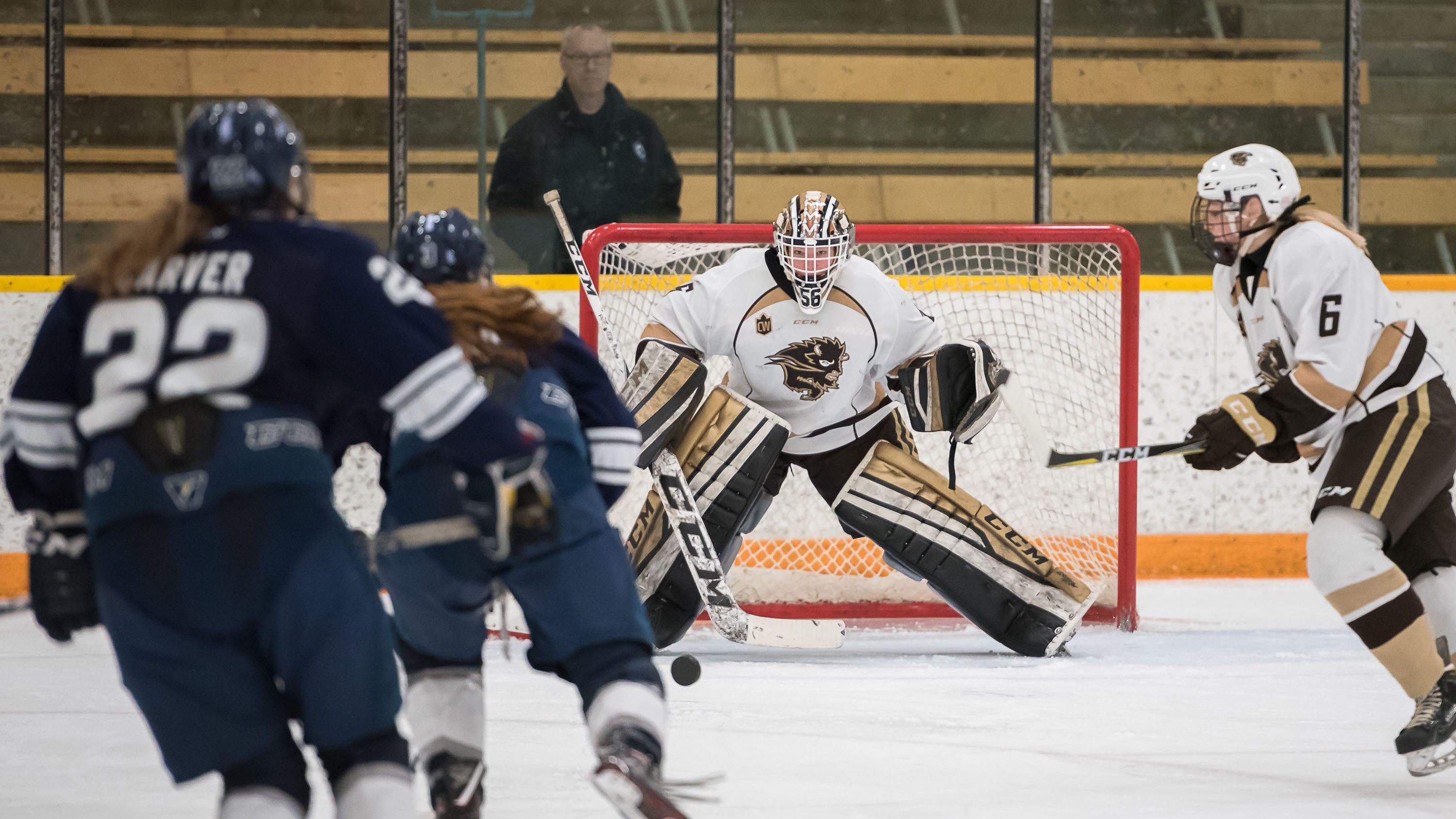 Sports_Bison_Womens_Hockey_vs_Mount_Royal_Photo_by_Joe_Oczerklewicz_RGB web Bison goalie Rachel Dyck in action against the Mount Royal Cougars.