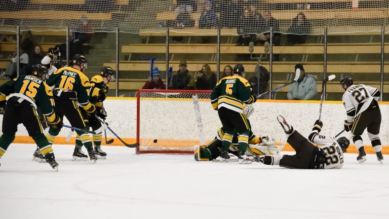 Bison forward Brad Bowles scores in spectacular fashion against the Regina Cougars on Jan. 26 at the Wayne Fleming Arena. Manitoba won 8-6.