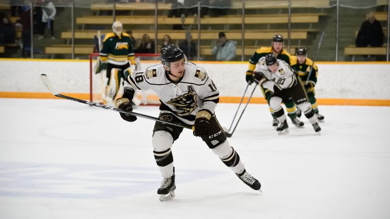 Bison forward Michael St. Croix heads up ice against the Regina Cougars.