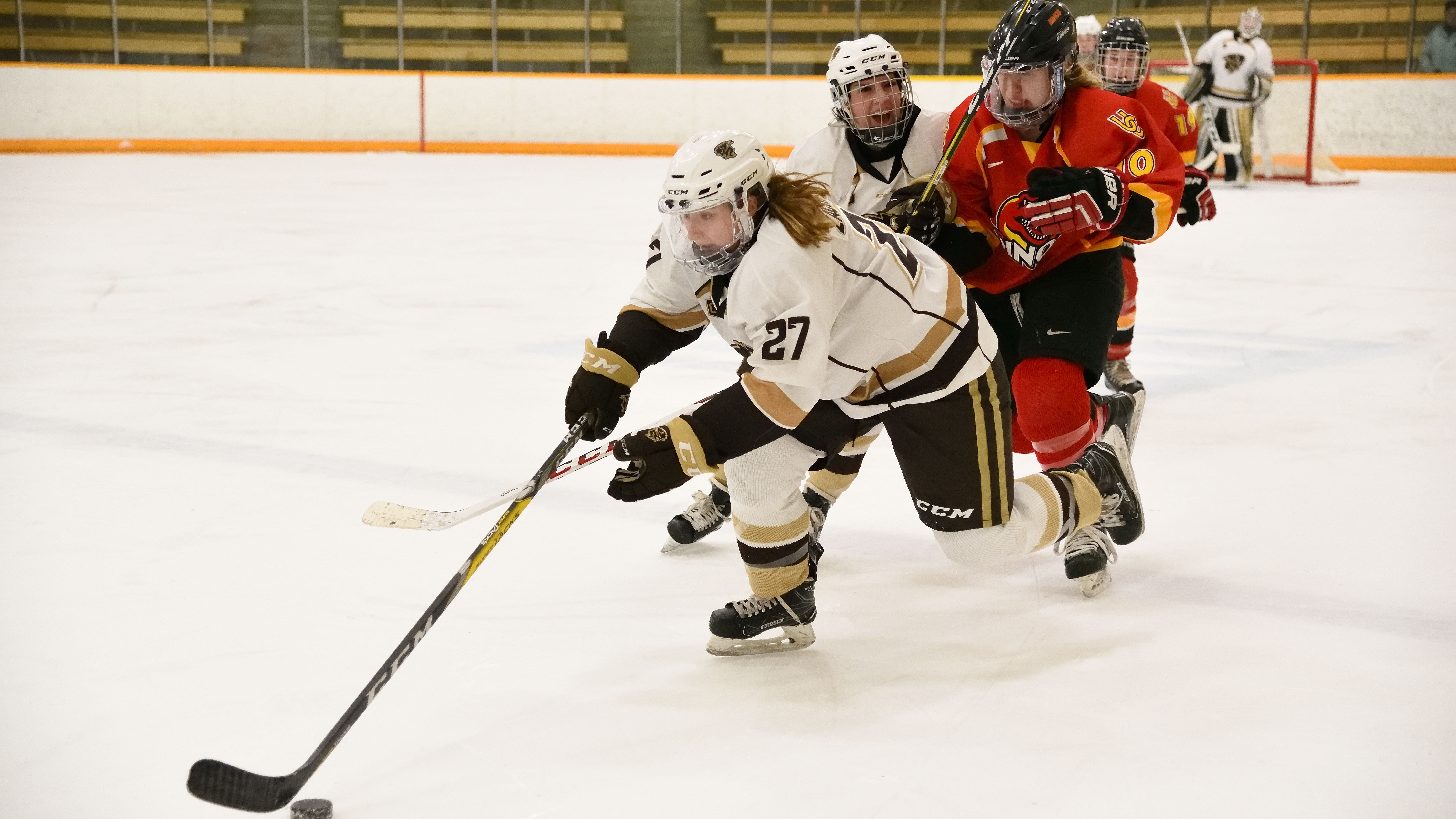 Bison forward Jordyn Zacharias with help from a teammate breaks away into Dino’s territory during Saturday’s game at Wayne Fleming Arena.