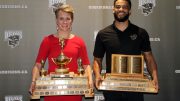 Venla Hovi of the women's hockey team and Justus Alleyn of the men's basketball team were named Bison Male and Female Athletes of the Year on Saturday.