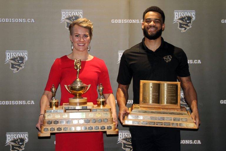 Venla Hovi of the women's hockey team and Justus Alleyn of the men's basketball team were named Bison Male and Female Athletes of the Year on Saturday.