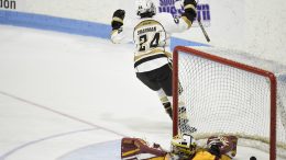 Bison forward Alanna Sharman scores in the shootout against the Concordia Stingers in the semifinal at the Women's Hockey U SPORTS National Championships on March 17 in London, Ont.