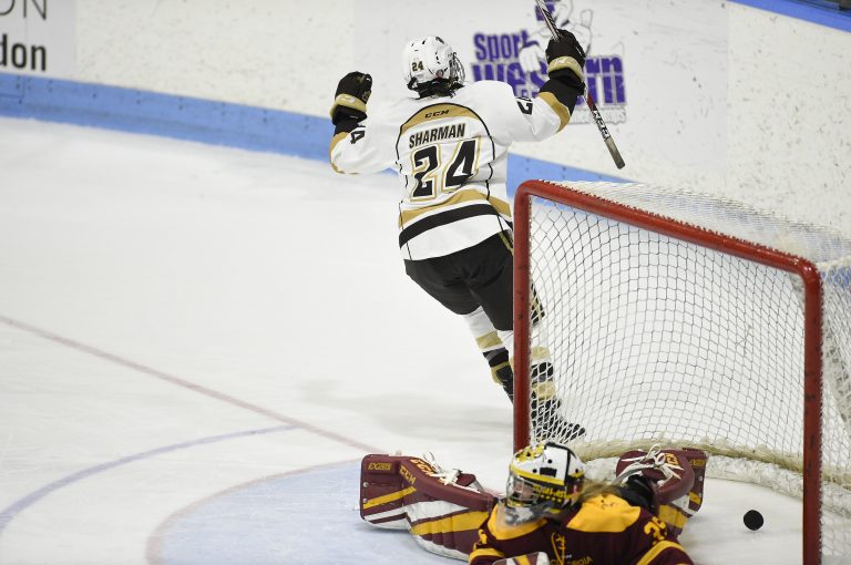 Bison forward Alanna Sharman scores in the shootout against the Concordia Stingers in the semifinal at the Women's Hockey U SPORTS National Championships on March 17 in London, Ont.