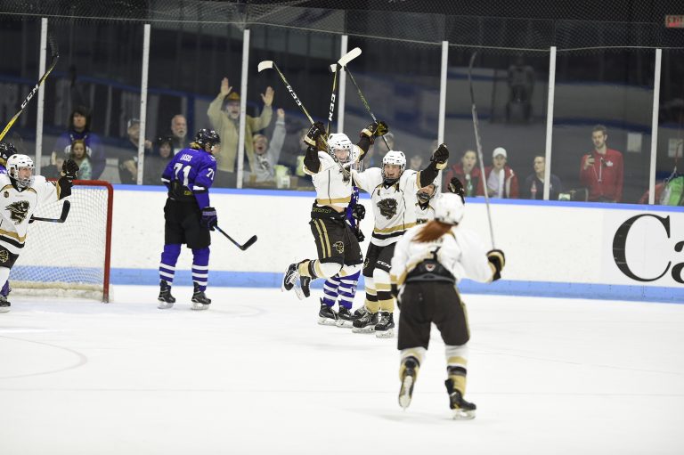 Bison forward Lauryn Keen celebrates her opening goal against Western University in the U SPORTS Women's Hockey National final on March 18 in London, Ont.