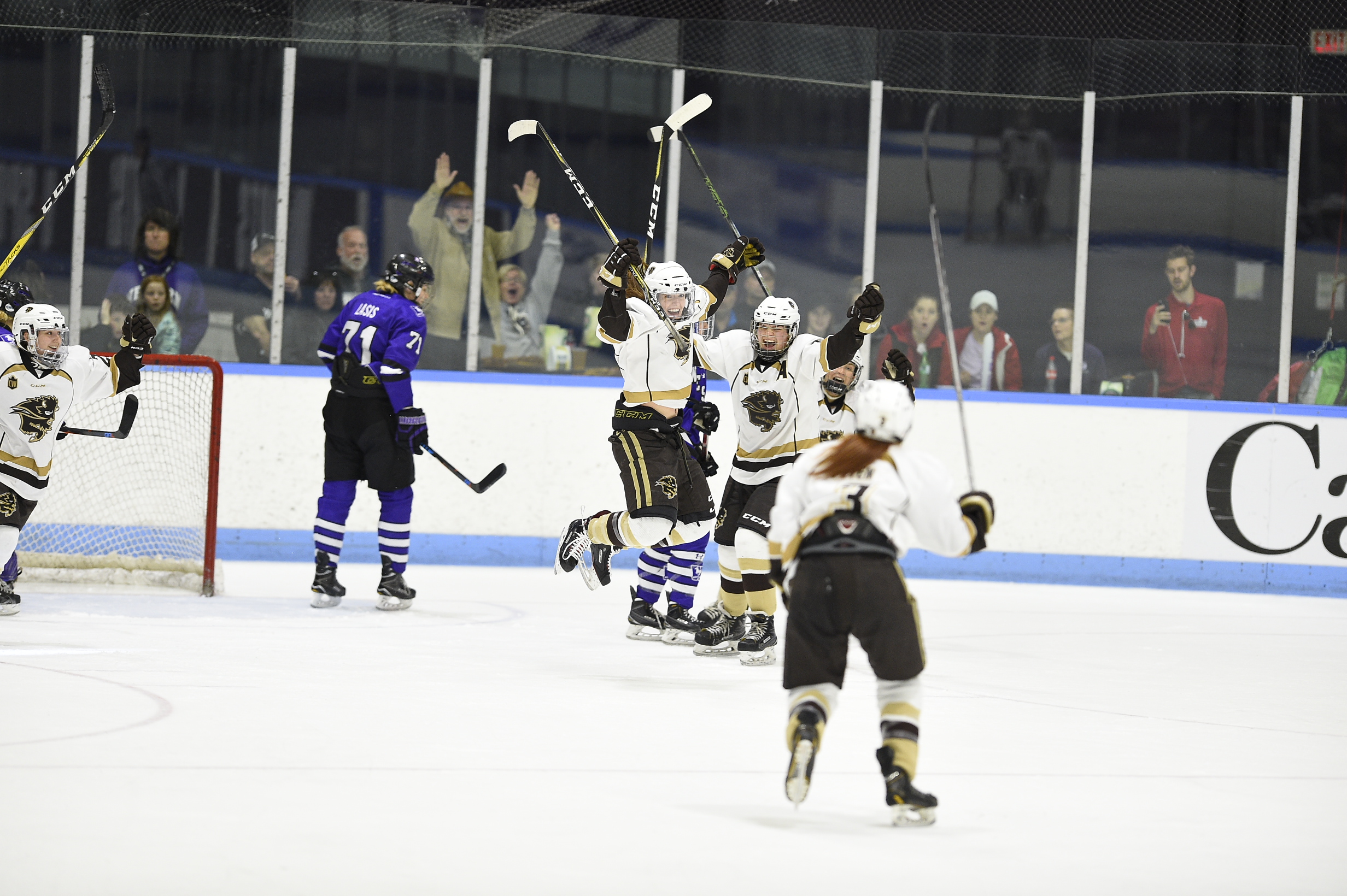 _D4S3713 Bison forward Lauryn Keen celebrates her opening goal against Western University in the U SPORTS Women's Hockey National final on March 18 in London, Ont.