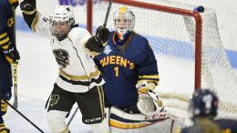 Bison forward Courtlyn Oswald celebrates a goal against Queen's in the quarter finals at the U SPORTS Women's Hockey National Championship in London, Ont. on March 16.