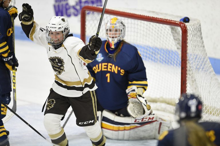 Bison forward Courtlyn Oswald celebrates a goal against Queen's in the quarter finals at the U SPORTS Women's Hockey National Championship in London, Ont. on March 16.