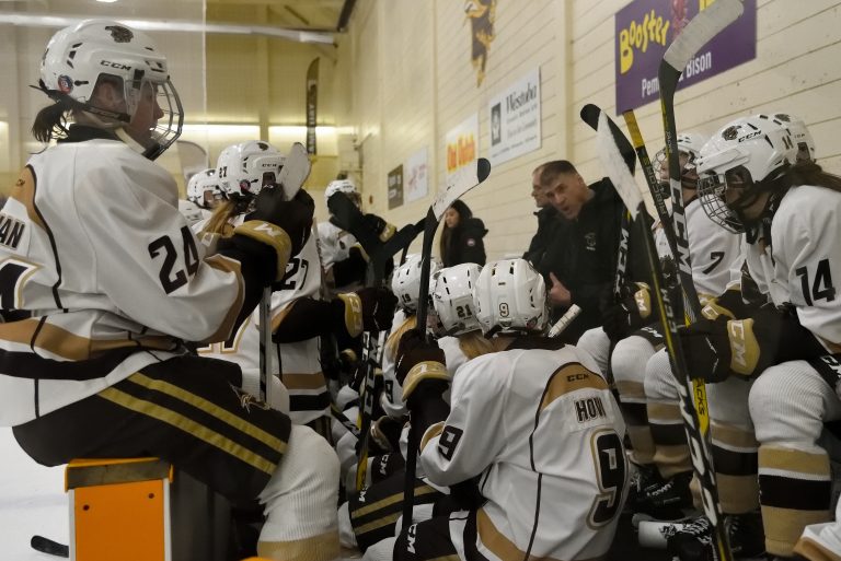 Bison head coach Jon Rempel talks to his players during a timeout in the Canada West semifinal against the Alberta Pandas on Feb. 25 at the Wayne Fleming Arena in Winnipeg.