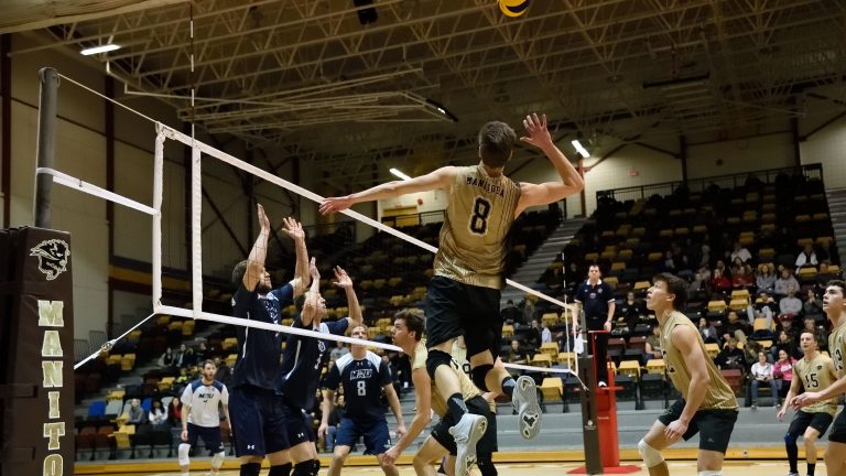 Bison left side hitter Adam DeJonckheere goes for a kill against the Mount Royal Cougars at Investors Group Athletic Centre.