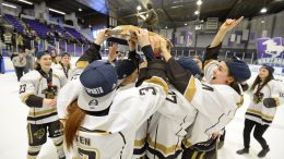 Bisons with the Golden Path Trophy after beating the Western Mustangs 2-0 in the gold medal game on March 18 at the U SPORTS Nationals in London, Ont.